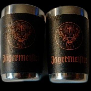 JÄGERMEISTER Shot Glass Set of 2 Stainless with Orange Logo on Faux Black Wrap